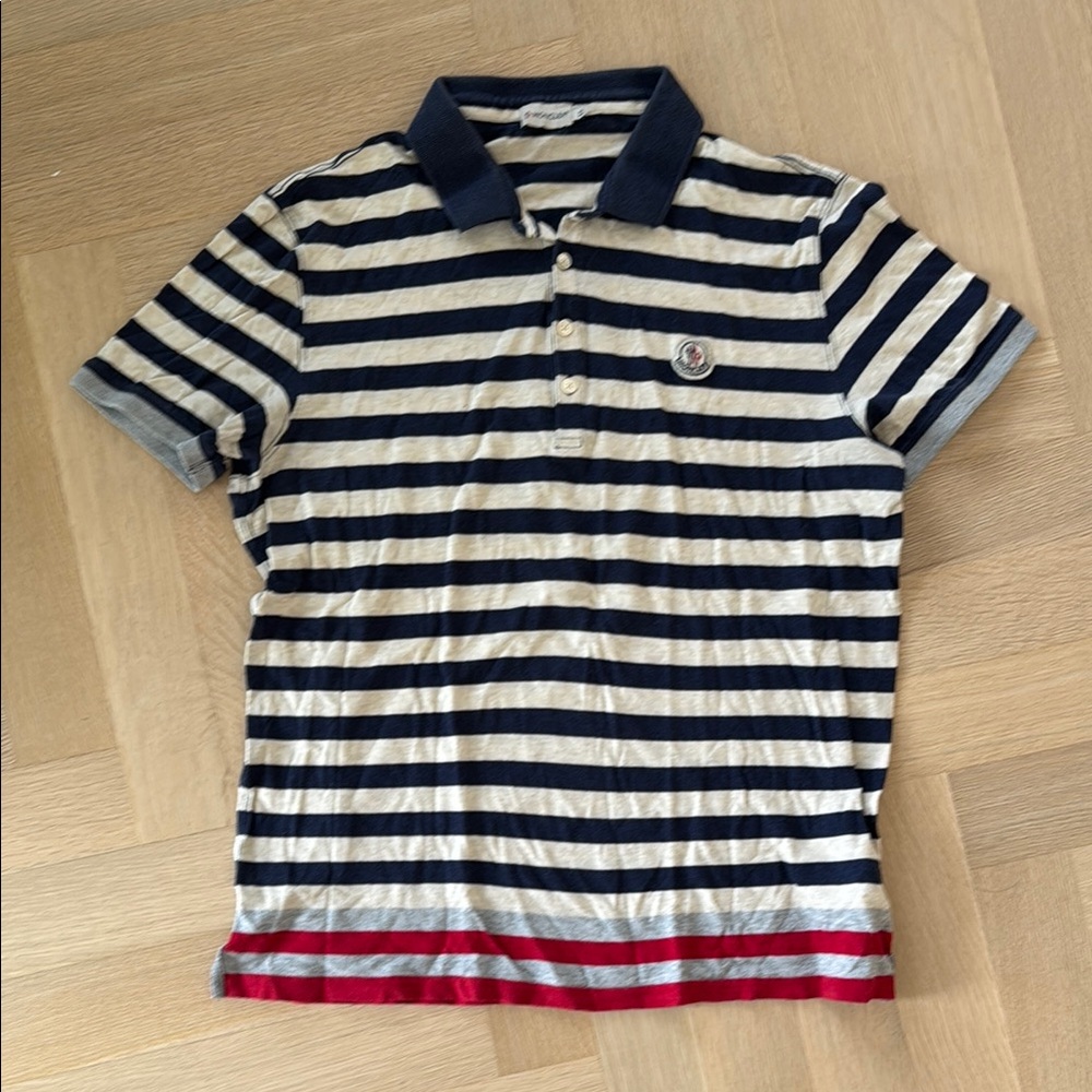Moncler Men’s Striped Polo Navy Red Grey Size XL